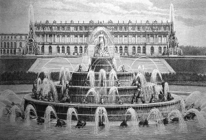 Line of sight across the Latona Fountain to the royal castle of Herrenchiemsee