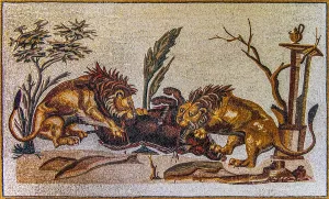 Lions attacking a wild boar, mosaic copy