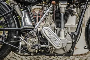 Category Oldtimer Prints: Lisbon, Portugal - Oct 15, 2023: Close-up of engine area of iconic Norton ES2 motorcycle by Norton Motors Ltd