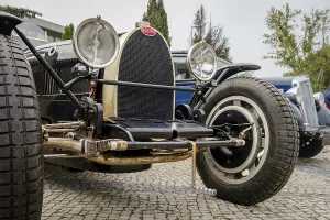 Lisbon, Portugal - Oct 15, 2023: Front view of legendary Pur Sang Bugatti Type 35 on cobblestone road