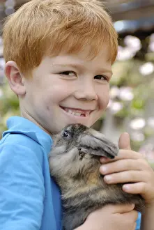 Little boy holding a European Rabbit (Oryctolagus cuniculus)