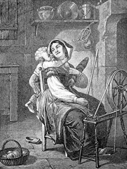 The little flatter, boy embraces his mother from behind