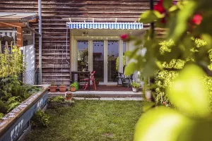 Little garden with green grass and flowers for having good times