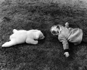 Little polar bear and a girl lying on the meadow