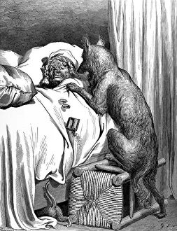 Little Red Riding Hood, grandmother in bed is attacked by the wolf