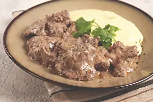 Liver beef stroganoff, with mashed potatoes