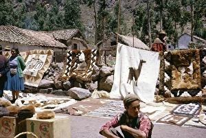 Llama wool and fur rugs at a street market, Pisac, Cusco region, Peru, South America 1962, South America
