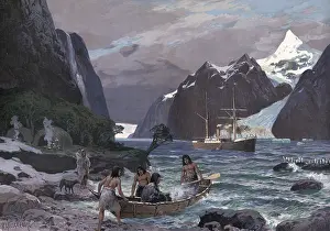 Locals with a boat and a steamer on their way through the Strait of Magellan