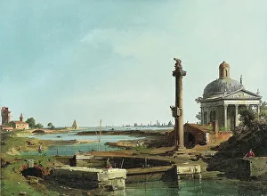 A lock, a column and a church on a lagoon