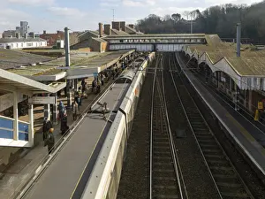 Looking down from above at Greater Anglia train at platforms of Ipswich railway station