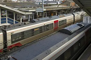 Looking down from above at Greater Anglia trains at platforms of Ipswich railway station