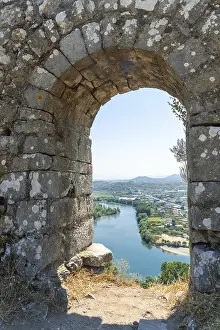 Looking at the lake from the arch of the Rozafa Castle wall in the city Shkoder