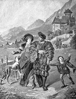 Lord of the castle and his wife and son taking a peaceful Sunday stroll