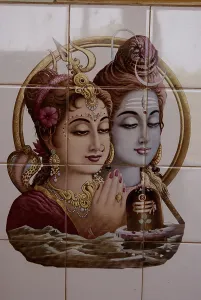 Lord Shiv Parvati painting on tiles at Devgad