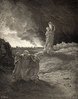 Lot and his family fleeing from burning Sodom and Gomorrah