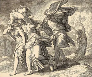 Lot and his family fleeing from burning Sodom and Gomorrah