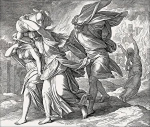 Lot and his family fleeing from burning Sodom and Gomorrah