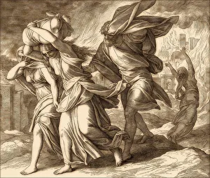 Lot and his family fleeing from burning Sodom and Gomorrah