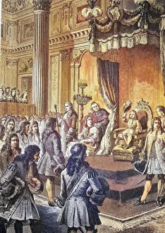 Louis XV, of France receives the homage of Parliament on his sixth birthday