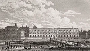 The Louvre Museum, Paris, antique steel engraved print