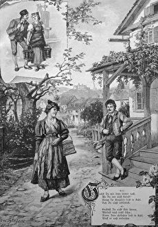 Love poem, couple around 1870, historical illustration