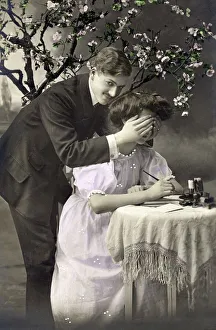 Lovers, surprise, man closing his eyes