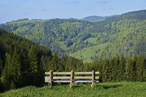 Low mountain landscape, wooden bench