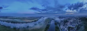 The Lower Bavarian countryside near Bogen is shrouded in dense dawn and mist