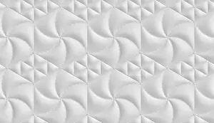 Luxurious white 3D wallpaper featuring hexagonal and rhombus-shaped panels with a soft