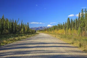 The Mackenzie Highway (Highway 1) heading west towards Fort Simpson in Canada's Northwest Territories