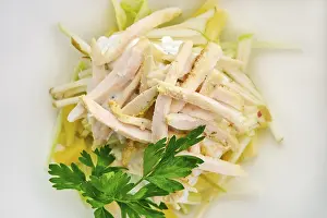 Macro photo of salad with ham, apple