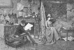 Madame sulks, couple, he reads the newspaper and she sits on the sofa and is offended