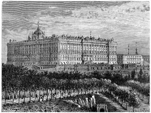 Madrid, Royal Palace, vintage engraved illustration