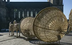 Magdeburg Cathedral Square 3564 modern light sculptures showing Otto von Guericke's Magdeburg hemisphere