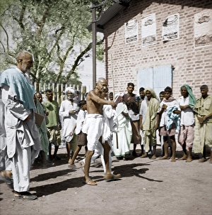 Mahatma Gandhi with Abdul Ghaffar Khan during peace march, Bihar, India, Asia, March 1947, Asia
