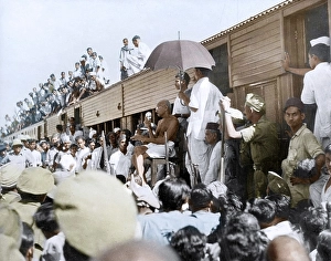 Mahatma Gandhi addressing people on railway platform, Bangladesh, Asia, November 6, 1946, Asia