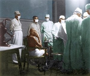 Mahatma Gandhi during appendicitis operation of granddaughter Manu, Bihar, India, Asia, May 15, 1947, Asia