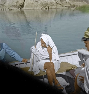 Mahatma Gandhi in boat marble rocks, Jubbulpore, Madhya Pradesh, India, Asia, February 27, 1941, Asia