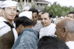 Mahatma Gandhi with Dr Dinshah Mehta at Juhu Beach, Mumbai, Maharashtra, India, Asia, May 1944, Asia