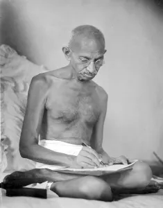Mahatma Gandhi drafting a document at Birla House, Mumbai, Maharashtra, India, Asia, August 1942, Asia
