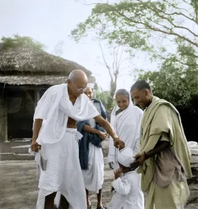 Mahatma Gandhi with harijan child and others in Midnapur, East Bengal, India, Asia, January 2, 1946, Asia
