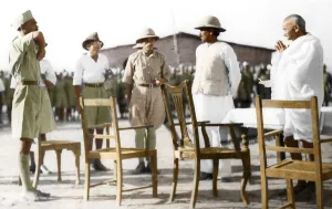 Mahatma Gandhi inspecting volunteer camp, Faizpur, Maharashtra, India, Asia, December 1936, Asia