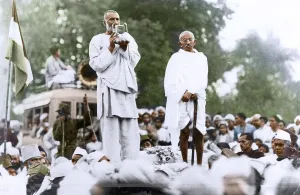 Mahatma Gandhi and Khan Abdul Ghaffar Khan at public meeting, India, Asia, October 6, 1938, Asia