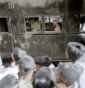 Mahatma Gandhi with Khan Abdul Ghaffar Khan in train compartment, India, Asia, May 1946, Asia