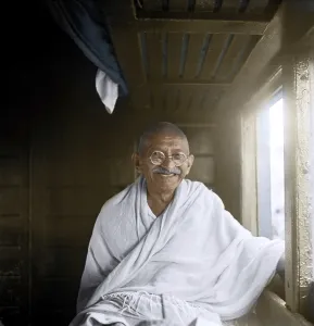 Mahatma Gandhi laughing in train compartment way to Allahabad, Uttar pradesh, India, Asia, November 18, 1939, Asia