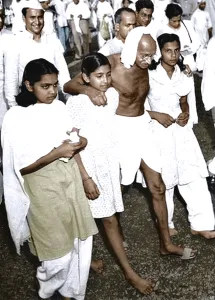 Mahatma Gandhi leaning on his granddaughter walking, New Delhi, India, Asia, 1945, Asia