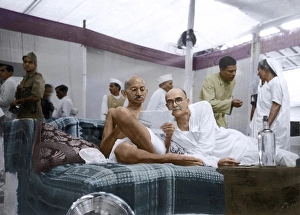 Mahatma Gandhi with Mahadev Desai at Congress Committee meeting, India, Asia, August 8, 1942, Asia