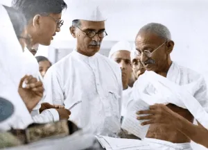Mahatma Gandhi with Mahadev Desai and others, India, Asia, 1939, Asia
