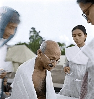 Mahatma Gandhi after prayer meeting, Sevagram, Wardha, India, Asia, October 2, 1944, Asia