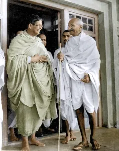 Mahatma Gandhi with Principal Kshitimohan Sen, Santiniketan, West Bengal, India, Asia, February 18, 1940, Asia